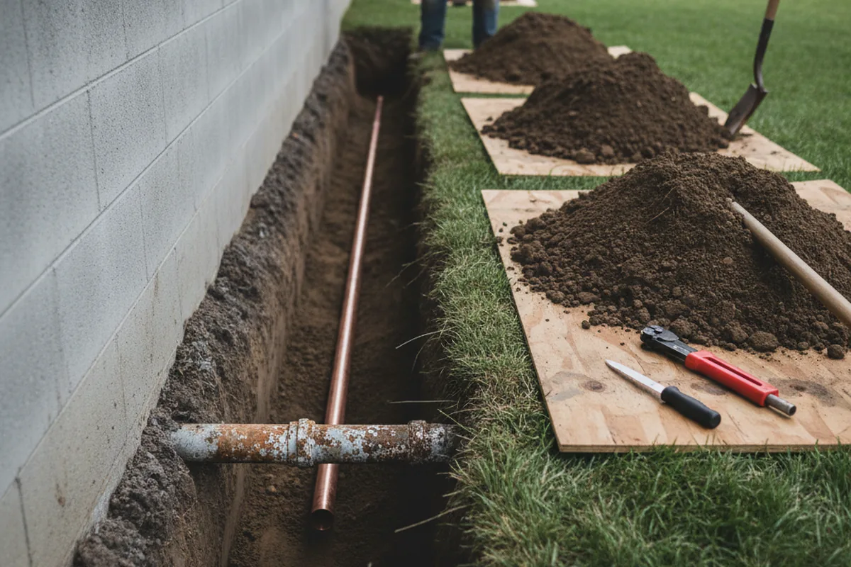 Excavated water line trench during Sewer Line Repair in Gwynn Oak